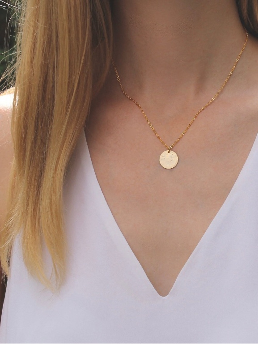 Gold Hammered Disc Necklace for Women, 24”